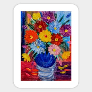 Some fun and colorful abstract flowers in glass vase set against a multi color background. Sticker